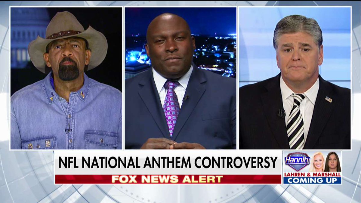 FoxNews's tweet photo. Daryl Parks on anthem protests: "They're men and they have a right to fight for their rights, and that's what they're doing." #Hannity https://t.co/mq0tegLpUp