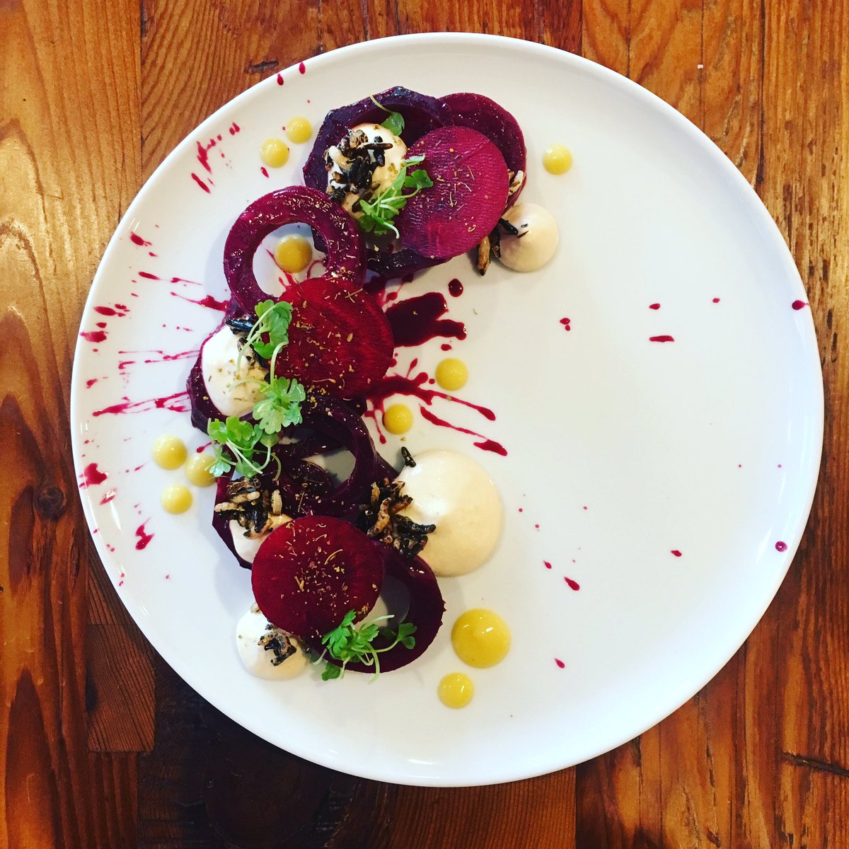 Meringue beets, brown butter yoghurt, paw paw, puffed rice, fennel pollen