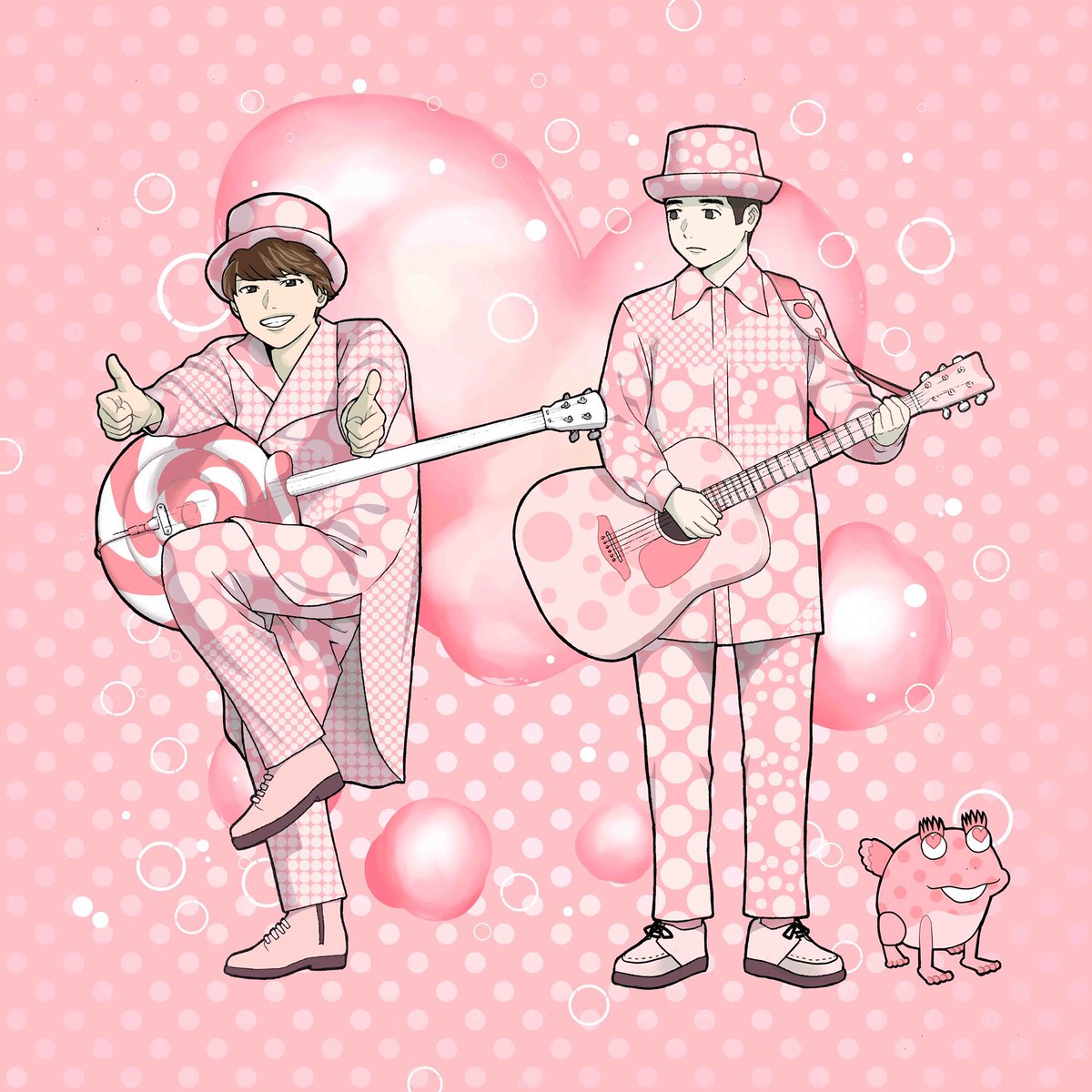guitar multiple boys 2boys instrument male focus pink background hat  illustration images