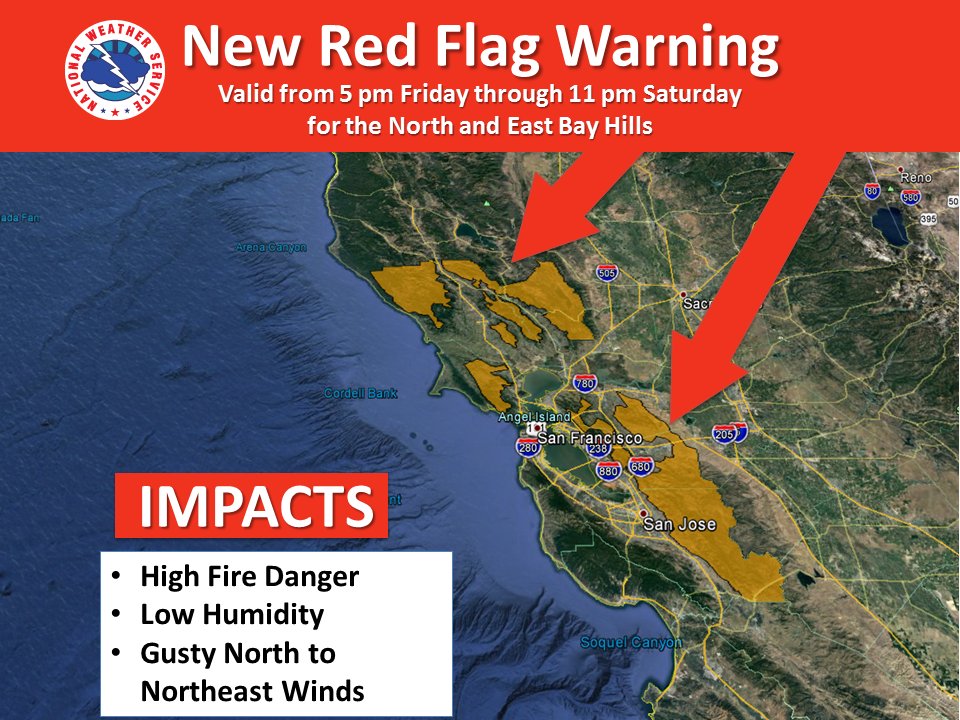 NWSBayArea's tweet image. A new Red Flag Warning has been issued for the North and East Bay Hills and is valid from 5 PM Friday through 11 PM Saturday.