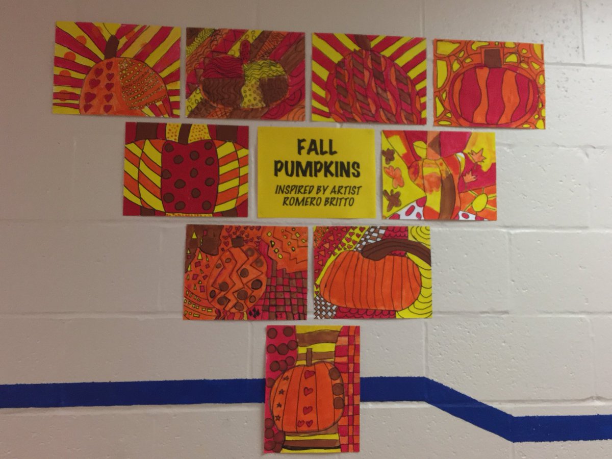 _Miss_Smith_16's tweet photo. #ArtEd fall pumpkins inspired by #RomeroBritto from #Room18 @Hoffman_Academy #HApride https://t.co/cORJJaO6ib