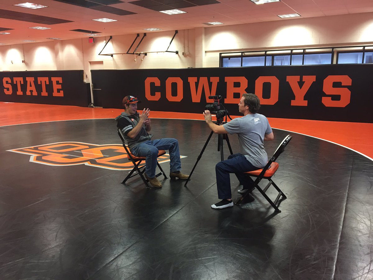 CowboyWrestling's tweet photo. Some face time for @MeanDeanHeil and @kaidbrock2020 with @FloWrestling's @MarkSBader at practice today. #okstate https://t.co/2qeST8uyk1
