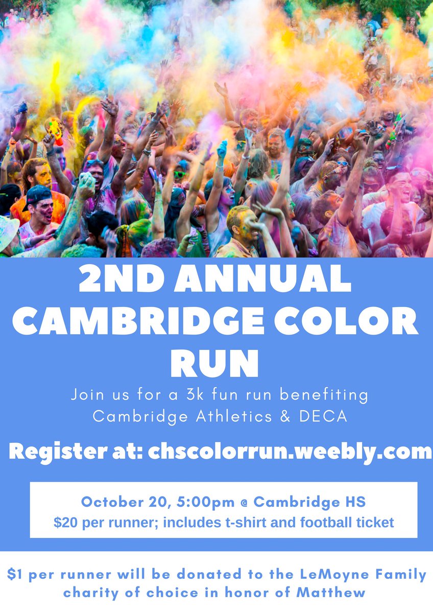 chscolorrun's tweet photo. Please join us for he 2nd Annual CHS Color Run put on by the Advance Sports Marketing students! Register online at https://t.co/ezrY9BaJS6 https://t.co/QLvGV8E5Z1