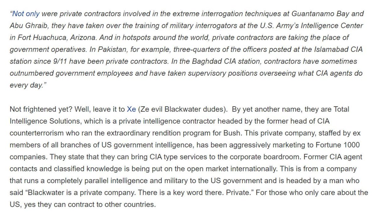 "Former CIA contacts & classified knowledge is being put on the open market internationally."  #OpDeathEaters  #Dyncorp  #Blackwater  #XE  #Cerberus