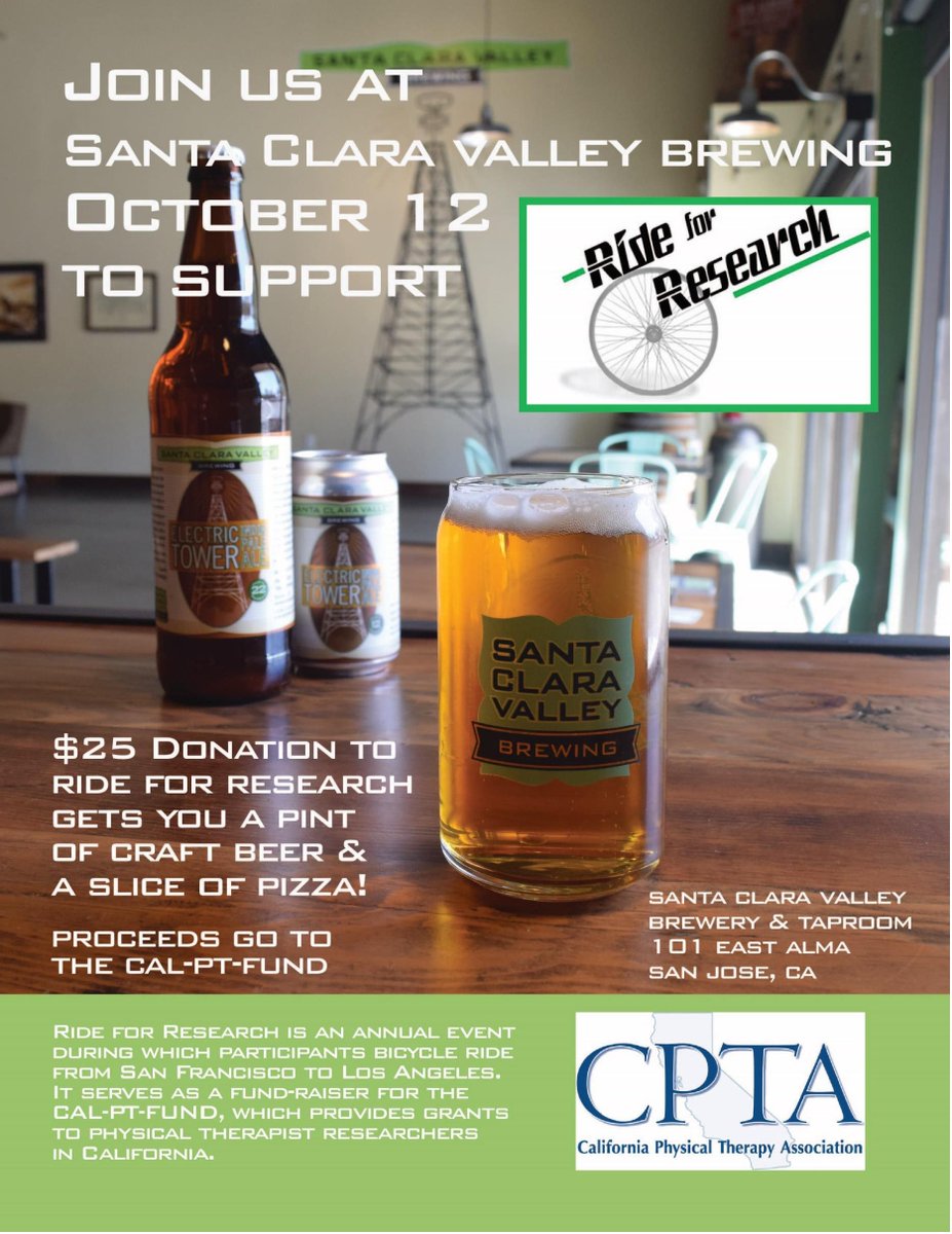 Hang out with <a href="/SJ_CPTA/">SJ District CPTA</a> 2nite @ Santa Clara Valley Brewing for the Ride for Research. Grab a pint and some pizza in support of #PTresearch!