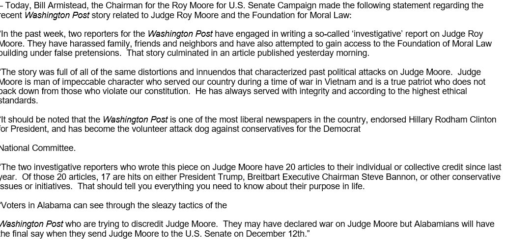 lyman_brian's tweet photo. Roy Moore campaign responds to Wednesday @washingtonpost story. Says "distortions &amp; innuendos" but doesn't specify. #ALSEN #alpolitics https://t.co/bNfj4WdyKj