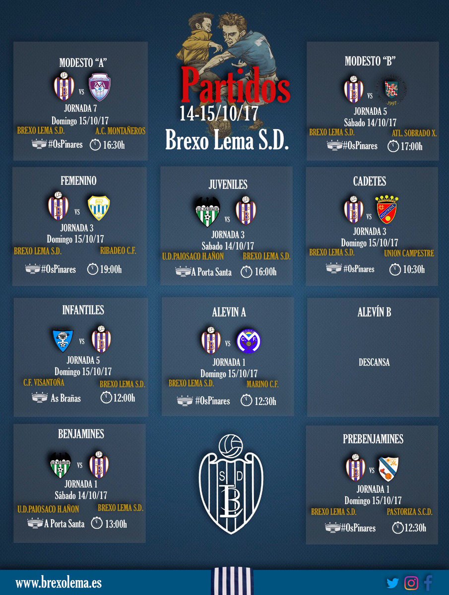 Brexo_Lema_SD's tweet photo. Jornada fin de semana.
#BrexoLema #ForzaBrexo #Futbol
Os esperamos en #OsPinares #APortaSanta y #AsBrañas https://t.co/yreiarrqNA
