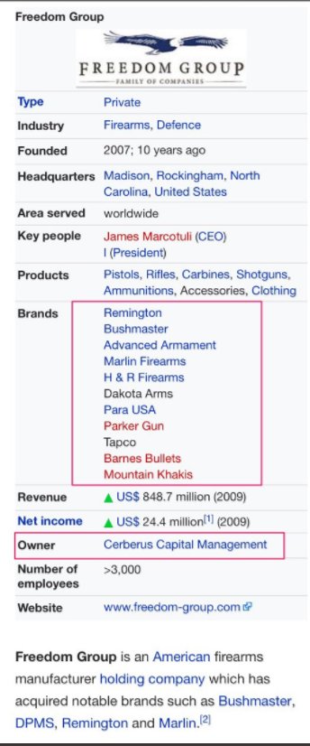 Stephen Feinberg of ( #DynCorp /  #Cerberus) Cerberus Capital-run Freedom Group is biggest supplier of arms and ammunition worldwide + one of largest donors to NRA and Trump.  #OpDeathEaters  #DynCorp  #Blackwater  #XE  #Cerberus