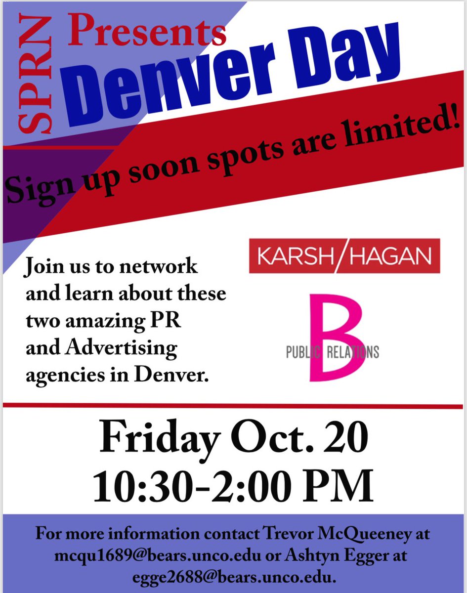 Join us for our second Denver Day on October 20 where we will visit <a href="/karshhagan/">Karsh Hagan</a> &amp; B Public Relations. Sign up is on the SPRN board.😁👨🏻‍💼👩🏾‍💼