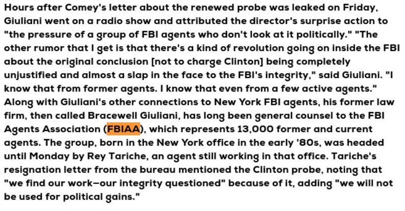 . @RudyGiuliani and Erick Prince and Trump accomplice on FBI agents leaking to him (during 2016 election / Russia investigation), while his firm represents FBIAA. via  @subverzo  #OpDeathEaters  #Dyncorp  #Blackwater  #XE  #Cerberus  http://www.esquire.com/news-politics/politics/news/a50306/fbi-email-giuliani/ …