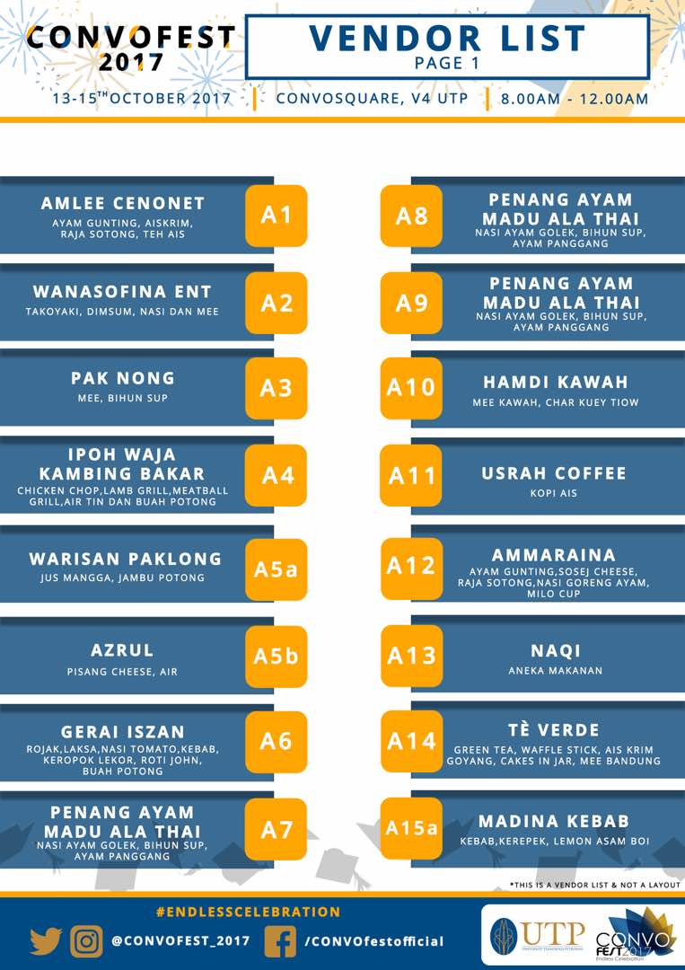 CONVOFEST_UTP's tweet photo. Here are the list of vendors that will be operating today! Come and join us! 

#CONVOFEST2017 
#ENDLESSCELEBRATION https://t.co/sTjujh6bLO