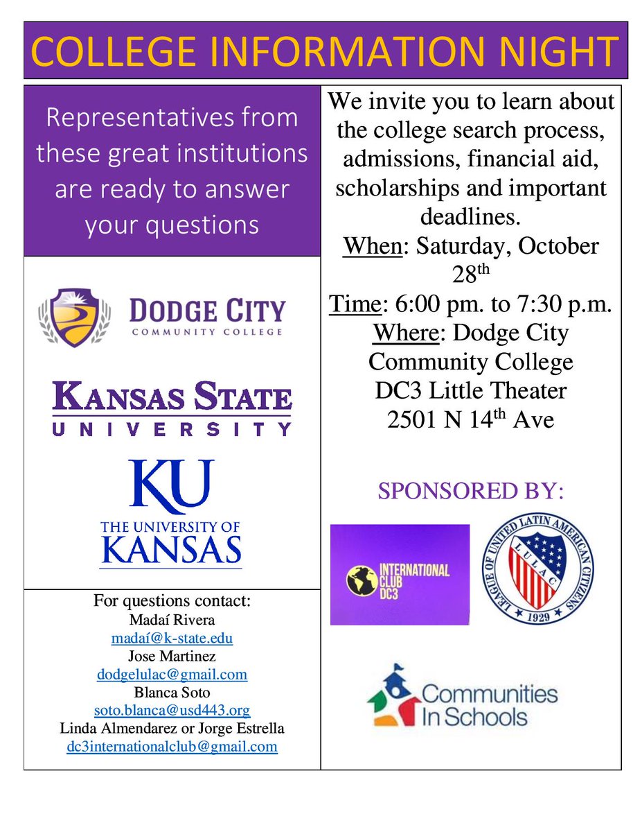 We would like to invite EVERYONE interested in learning about the college process to our event #USD443 #DCHS #DodgeCity #DC3 #BilingualEvent