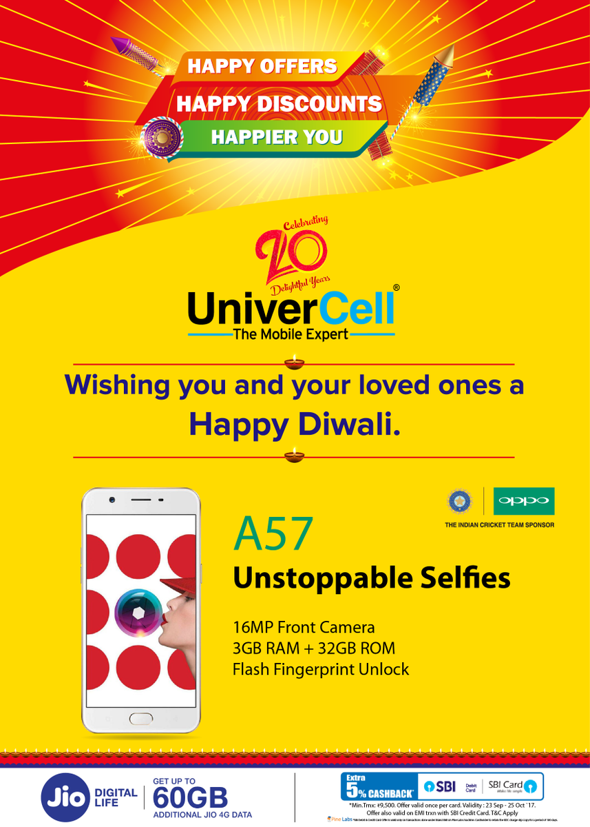 UniverCell's tweet photo. #OppoA57 #Unstoppableselfies
#60GB Additional #Jio4GData
#CashbackOffer
#UniverCell #BestDiwaliOffers. https://t.co/JQ2iQx34vA