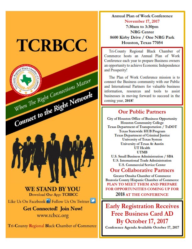 Registration is open for the annual Plan of Work Conference. Register online  by 10/17 for a free business card ad! tcbcc.org