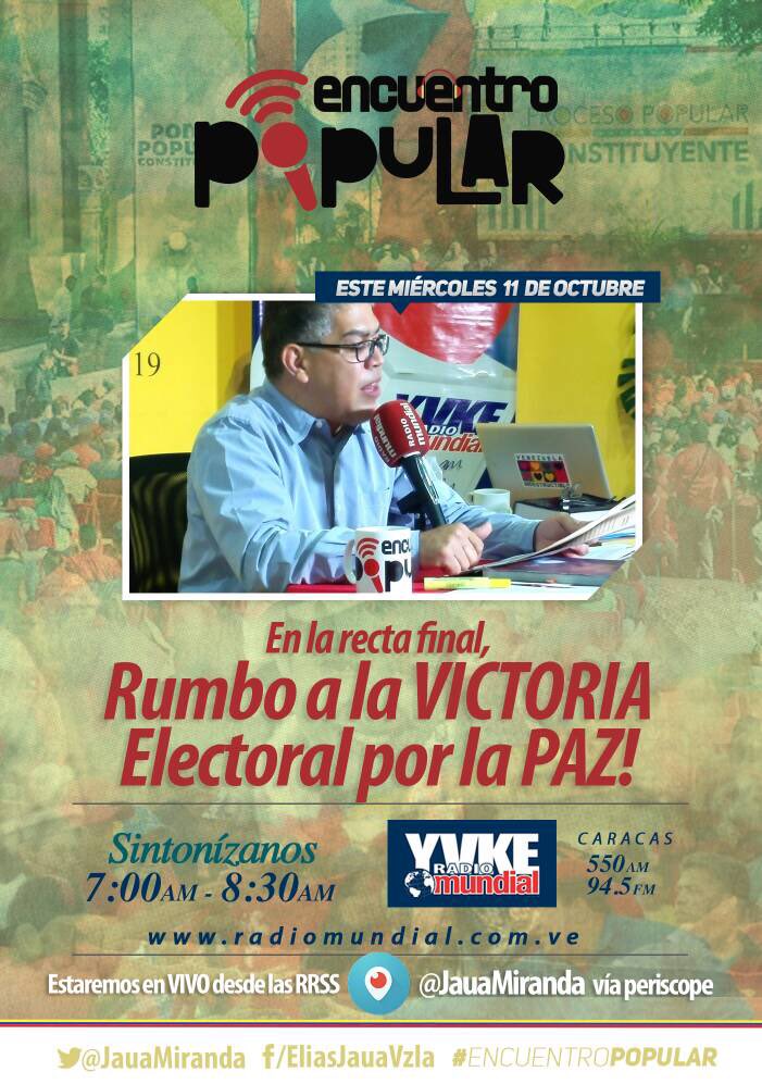 JauaMiranda's tweet photo. Mañana en #EncuentroPopular conversaremos sobre la importancia de una victoria patriótica el 15 O ycomo lograrla cuidando todos los detalles https://t.co/L0QdhS7N6Z