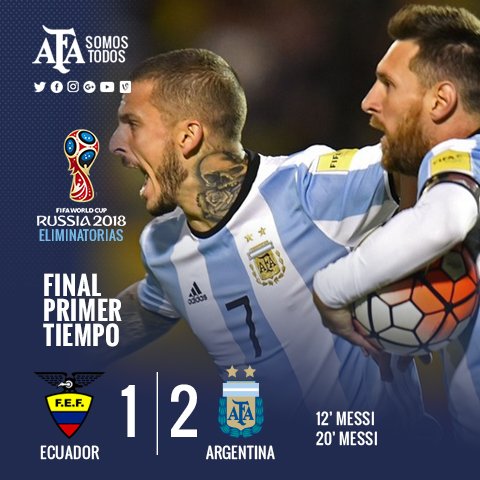 Argentina's tweet photo. #YoAmoAMiSelección ¡Final del primer tiempo! Con dos goles de #Messi, @Argentina vence 2-1 a @FEFecuador. https://t.co/2Pm2MYGNr1
