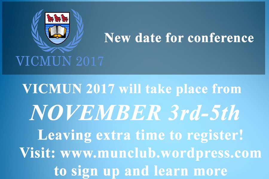 VICMUN_2017's tweet photo. VICMUN 2017 will now take place on November 3rd-5th, -more info @ https://t.co/ckViIjVw5L https://t.co/cIcYtEhi2E https://t.co/Y3o2UDrmSG