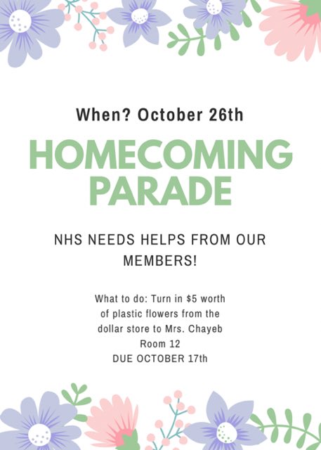 NHSMater's tweet photo. Your club will be represented at the homecoming parade, please turn in $5 worth of plastic flowers from any dollar store to RM 12 by OCT 17 https://t.co/HccDynAZsT