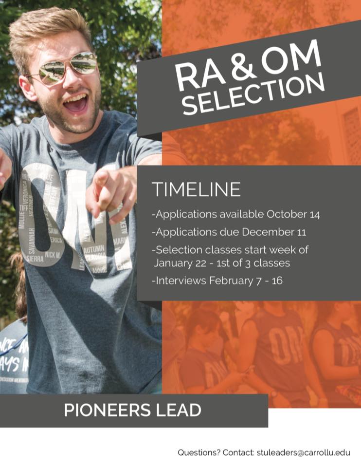 PIOrientation's tweet image. Want to apply to be an OM or RA? Applications will be out October 14! Have questions? Contact stuleaders@carrollu.edu