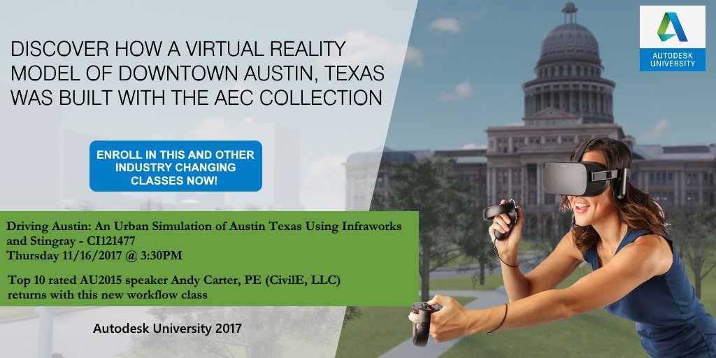 civileng127's tweet photo. Top 10 rated speaker returns to #AU217. Workflow for a 1 sq mile #VirtualReality model of Austin TX. https://t.co/fve8ox5aOo #infraworks360 https://t.co/8ATeg4t9YV