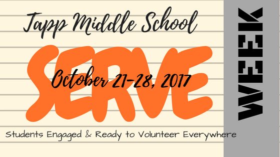 MaytagLady's tweet photo. Tapp Middle School invites EVERYBODY to participate in community service during Serve Week. Together, we will make the world a better place. https://t.co/1f05pqftk2