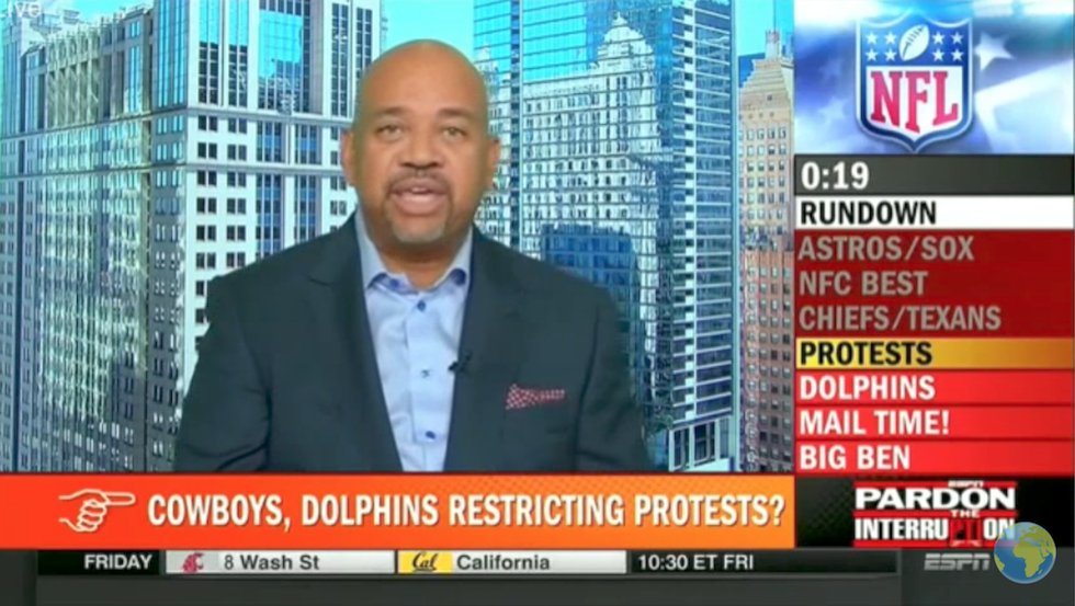 thehill's tweet image. WATCH: ESPN commentator compares Jerry Jones to slave owner for threatening to bench protesting players hill.cm/K4HNQD1