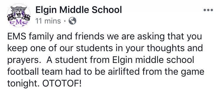 kennyray_'s tweet photo. Ok folk the 8th grade ELGIN WILDCATS need your prayers for a young man and his family. OTOTOF! https://t.co/61RbQGZ8TC
