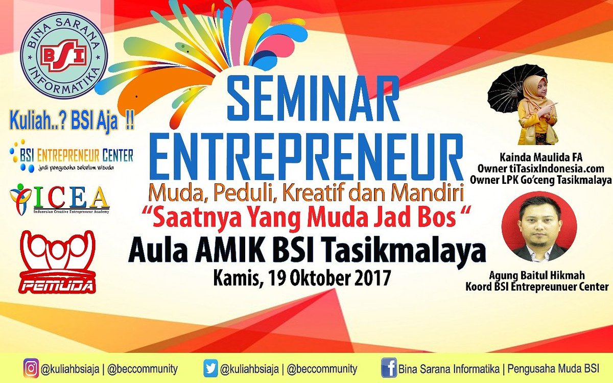 BSI_Tasik's tweet photo. Seminar Entrepreneur dr @beccommunity yang dilksnkan 19/10/17 @kuliahbsiaja #beccommunity https://t.co/rvsN29XIqT