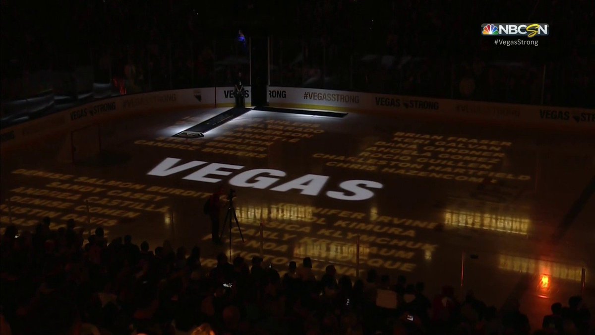 The names of the victims of the Las Vegas shooting are projected onto the ice as part of the <a href="/GoldenKnights/">Vegas Golden Knights</a> pregame ceremony. #VegasStrong