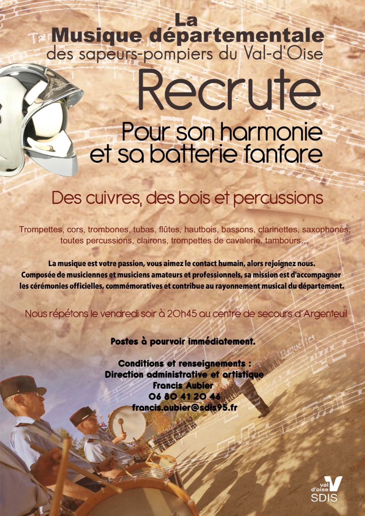 La musique départementale des sapeurs-pompiers du Val d'Oise recrute pour sa formation.