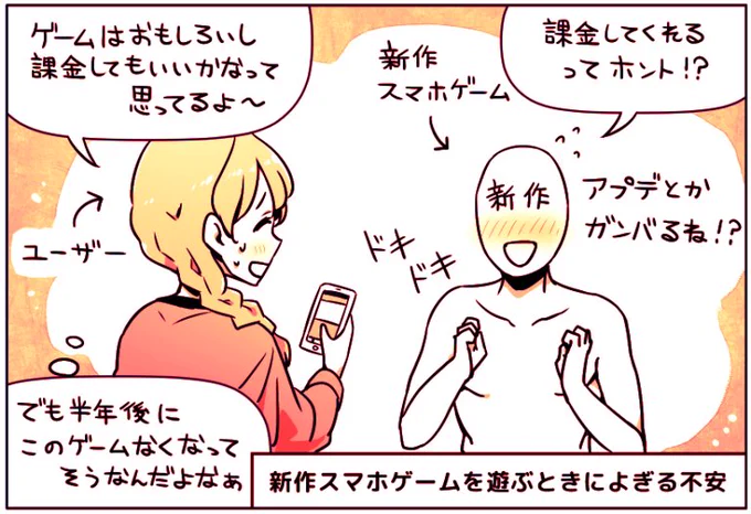 スマホゲームの「心理的な課金ハードル」は、年々高くなっている？

背景としては「終了タイトル」が増えた結果、ユーザーに「迷い」が生まれているのではと。

新ゲームに課金するときに「なくなるかもわからない」と不安がよぎるような感覚。… 