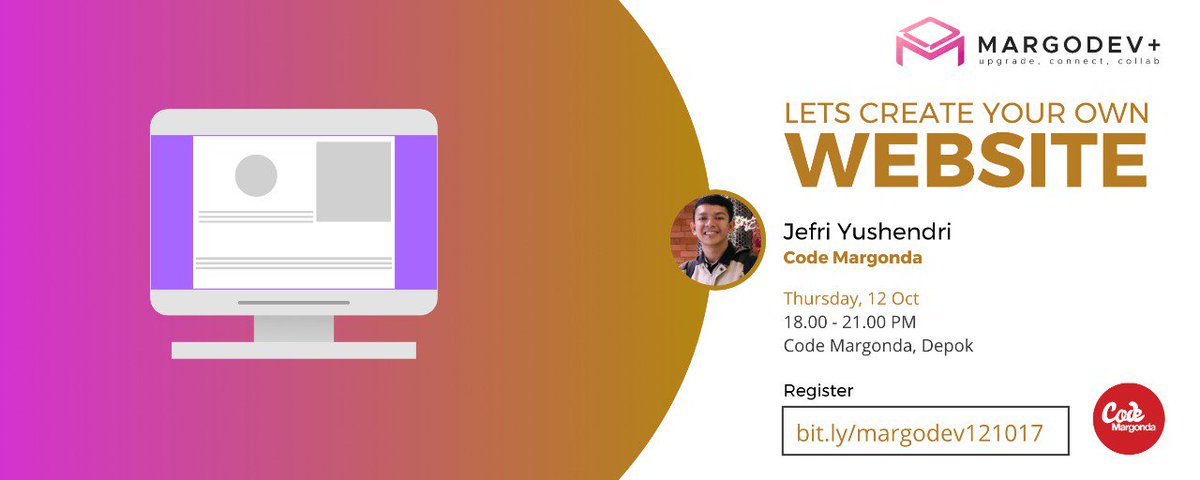 CodeMargonda's tweet photo. Hai guys, #margodev ada lagi ni... Sekarang temanya "Let's create your own website"
Waktu / Tanggal :
Kamis, 12 Okt '17,18.00 - 21:00. Free https://t.co/io7Ax6grUw