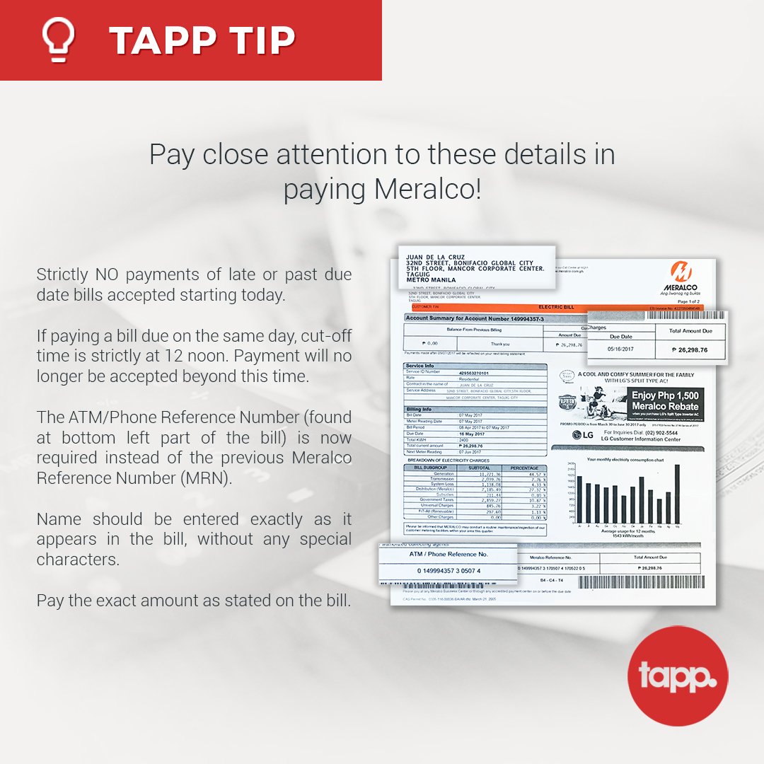 TappPhilippines's tweet photo. Meralco is now up and running on Tapp! 🔌 Please take note of these important reminders, effective IMMEDIATELY, to avoid failed transactions. https://t.co/Ew3m7LyLgQ