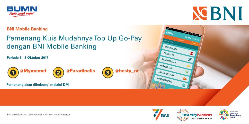 BNI's tweet photo. Selamat kepada Para Pemenang Kuis Mudahnya #TopUpGoPay dengan #BNIMobileBanking: @Mymemet , @Faradinelis , dan @hesty_nr !
Segera DM @BNI ya https://t.co/5hKoIo9XIC