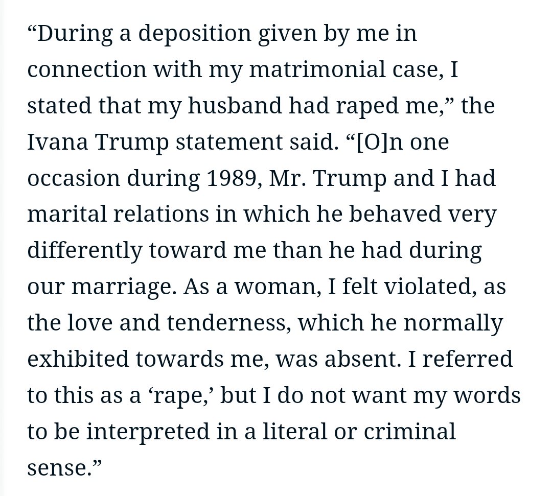Ivana Trump later said she wouldn't use the word "rape" in a "criminal sense". She's never denied the actual account. The president: