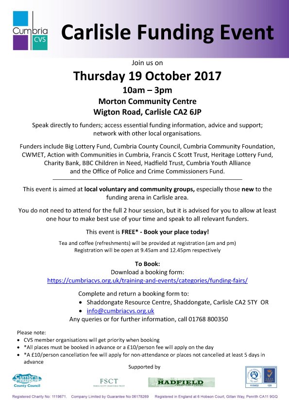 cumbriacf's tweet photo. Voluntary and community groups! Join the Carlisle Funding Event  @CumbriaCVS on Thursday 19th October. See more at https://t.co/iMyzbEmGSt https://t.co/14SalcgEDZ