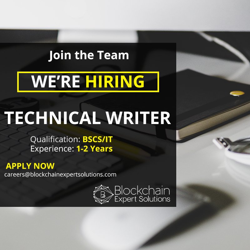 BlockchainBES's tweet photo. BES is Hiring.

Interested candidate can send their resume at:
careers@blockchainexpertsolutions.com

#BES #job #technical_writer #hiring https://t.co/w9ajzxA6Xu