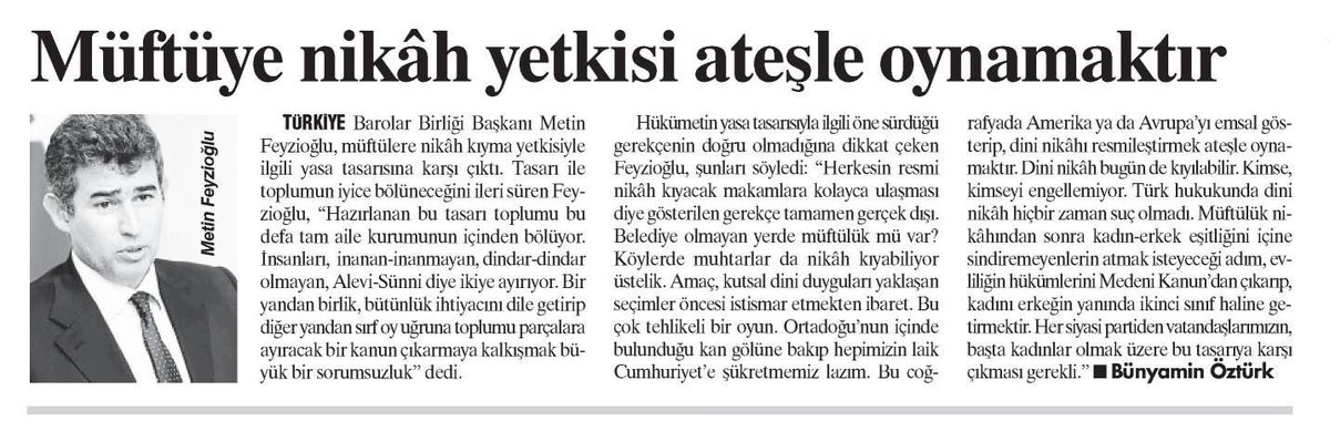 Müftüye nikah yetkisi, ateşle oynamaktır. 
facebook.com/metin.feyziogl…