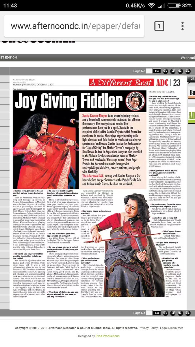 ketanranga's tweet image. Electrifying violinist @sunitaviolin  who at @PaddyFieldsFest  featured in today  #afternoon. A must read peice. afternoondc.in/epaper/default…