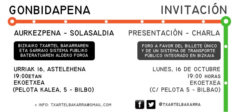 txartelbakarra's tweet image. Astelehenean, urriak 16, Txartel Bakarraren aldeko Foroa aurkeztuko da Bilbon.

19etan, Ekoetxean.

Gonbidatuta zaude!

(lagundu zabaltzen)