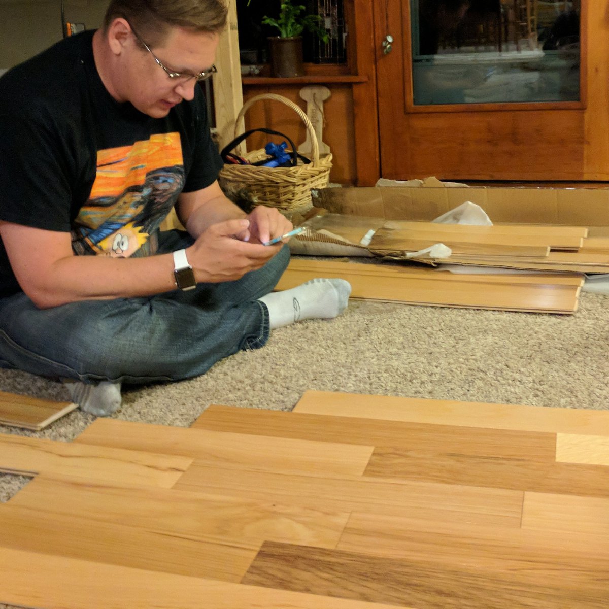 UprootAndRoam's tweet photo. Travi-claus brought Christmas gifts early. Thank you! We got hickory floors people. #tinyhouse #tinyhome  #schoolie #flooring https://t.co/wtKfRq3KAy