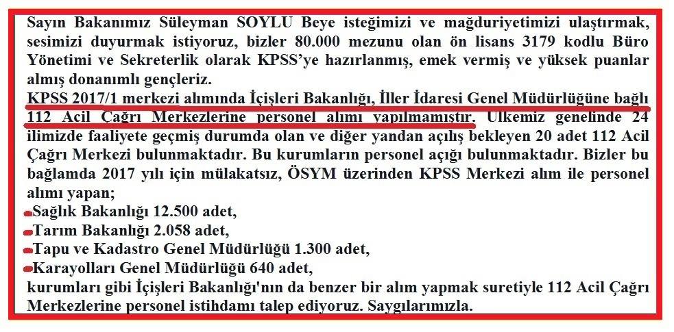 Sayın Valim likayata uygun kasımda merkezi atama istiyoruz, valiler toplantısında 112 AÇM lere personel alımı bekliyoruz
<a href="/yakupcanbolat/">Yakup CANBOLAT</a>