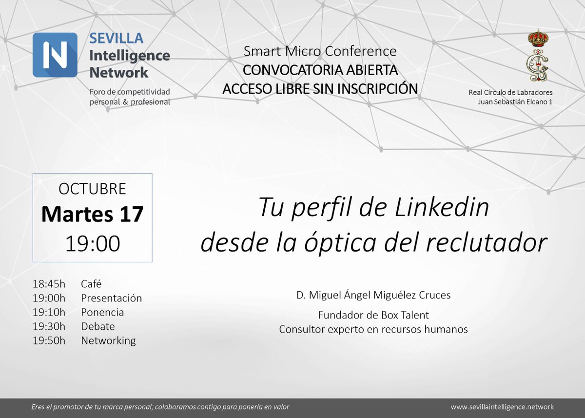 SevillaNetwork's tweet photo. Martes 17 de octubre, Smart Micro Conference de Miguel Ángel Miguélez Cruces en @RCLabradores 
#networking #Sevilla #LinkedIn https://t.co/cV1mQnquLN