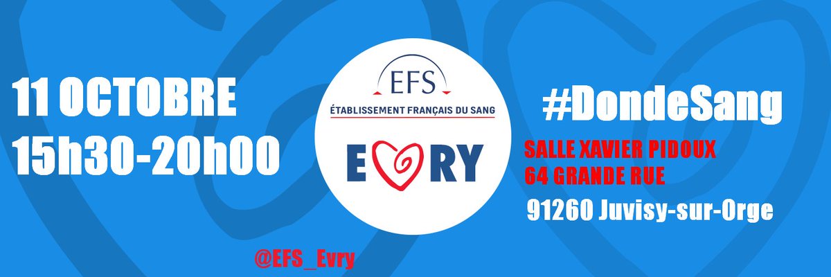 EFS_91's tweet photo. Aujourd'hui ❤️ 💉#DonduSang💉 ❤️🅰️🅱️🆎🅾️de 15h30 à 20h00 à  @JuvisyOfficiel SALLE XAVIER PIDOUX  On vous attend !! https://t.co/jVEGY1rS5w
