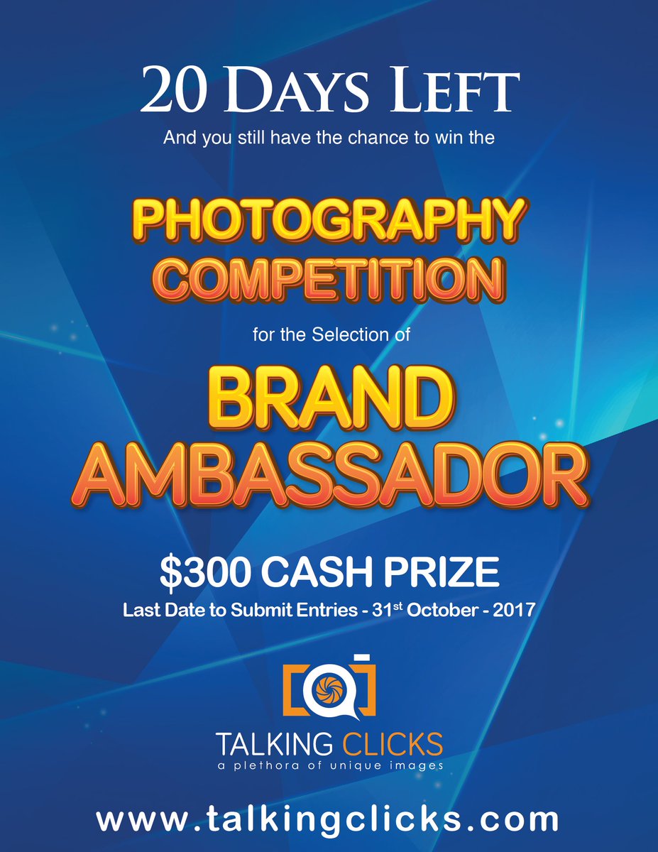 talking_clicks's tweet photo. Photography Competition for Selection of Brand Ambassador
#Photography #pictures #images #pics #foto #OnThisDay #competition #Talkingclicks https://t.co/FIZyiYAmH6