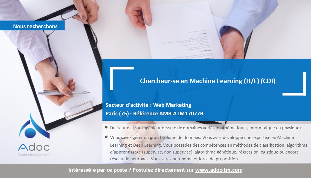 AdocTM's tweet photo. Nouvelle offre d'emploi *Chercheur·se en Machine Learning*. Postulez sur : https://t.co/7rWO65pdeh #Job #Research #MachineLearning https://t.co/DgeRwEznZL