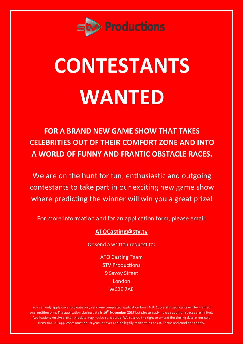 STV are CASTING for a new Saturday Night Game Show and are looking for CONTESTANTS! See flyer for more info. Pls RT<a href="/Castingfortelly/">Casting for Telly</a>