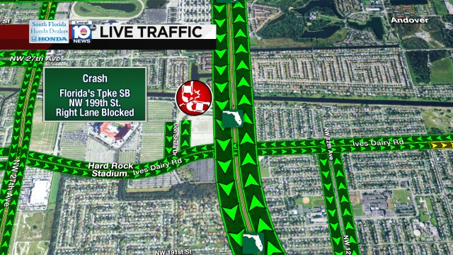 CRASH: Florida's Tpke SB & NW 199th St. A right lane is blocked. #TRAFFIC #MIAMI https://t.co/BAyN9gfROZ