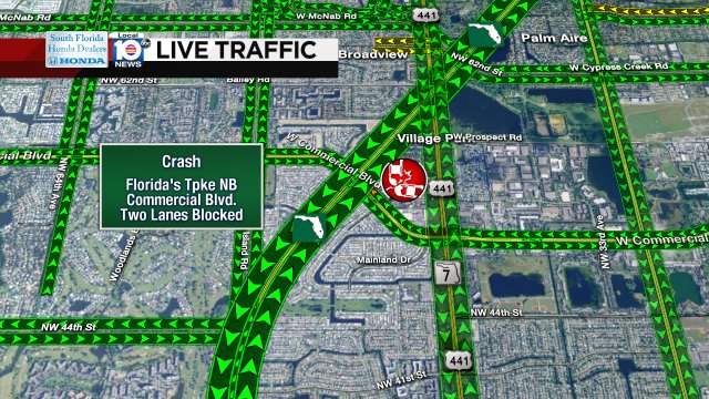 CRASH: Florida's Tpke NB & Commercial Blvd. Two lanes are blocked. #TRAFFIC https://t.co/qD8QKpSgXE