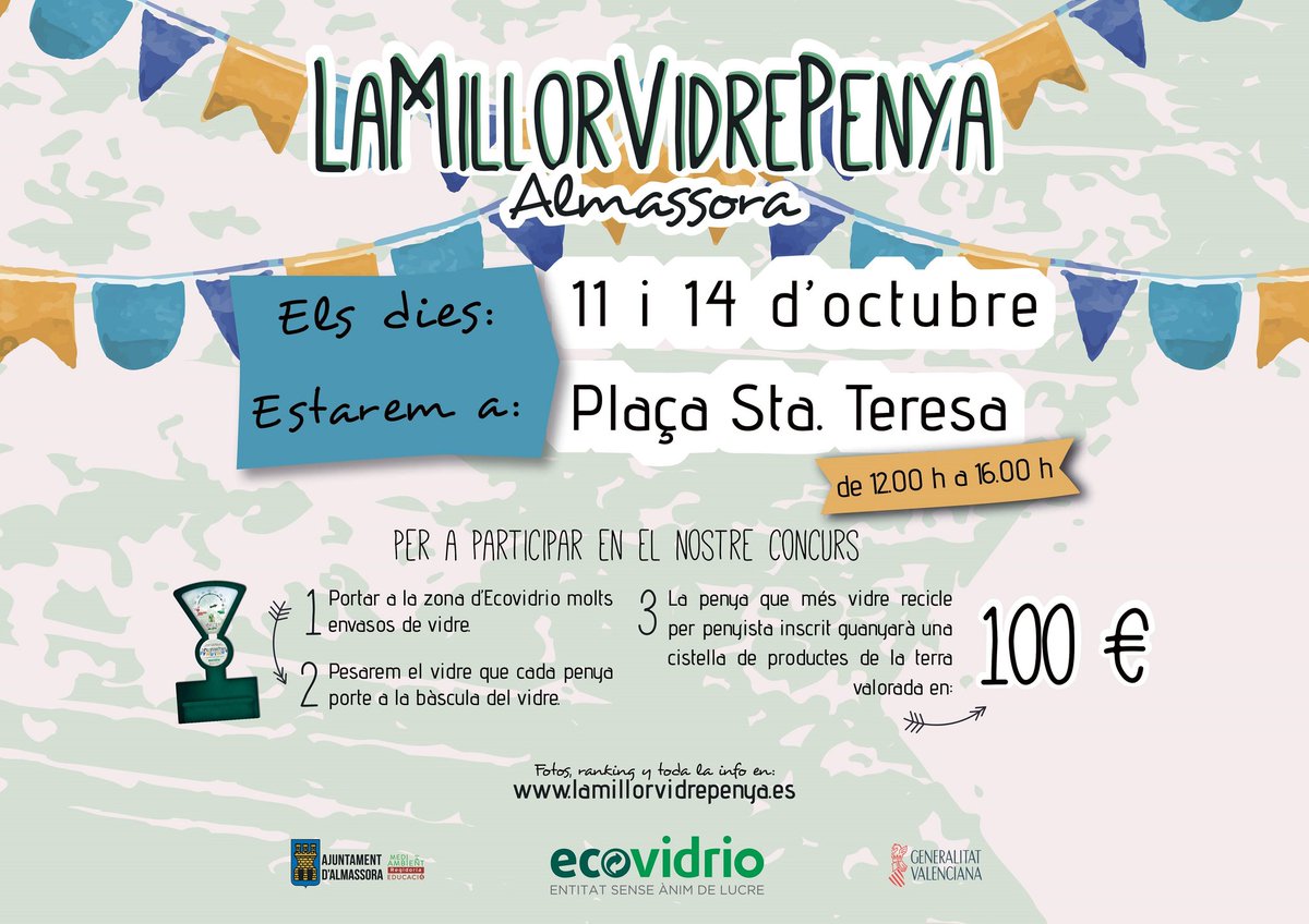 ajalmassora's tweet photo. Bon dia a totes les 'vidrepenyes' d'#Almassora! De 12 a 16 hores recollim els vostres envasos de vidre a la plaça Santa Teresa #Roser2017 https://t.co/HGgPOcrsSQ